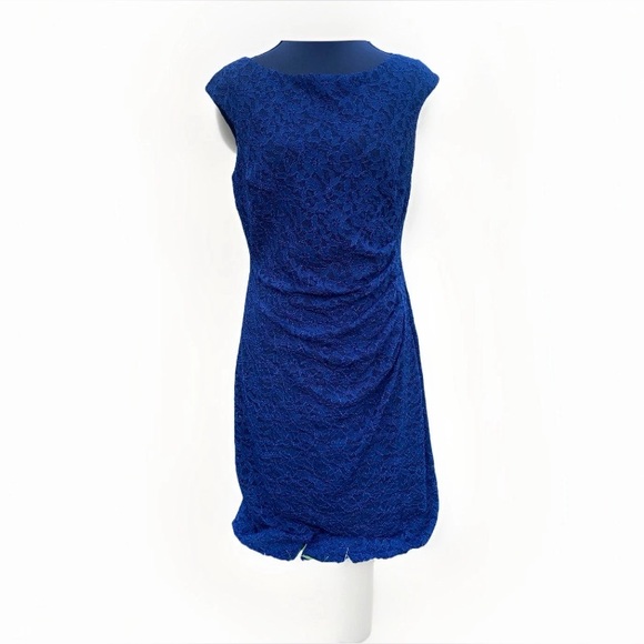 Lauren Ralph Lauren Navy Blue Stretch Lace Sheath Dress Cap Sleeve sz 8 M - Picture 1 of 9